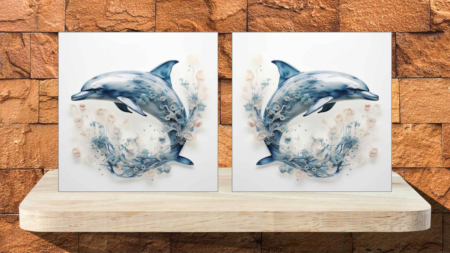 Mirrored Pair Display Tiles - Cyanotype Dolphins