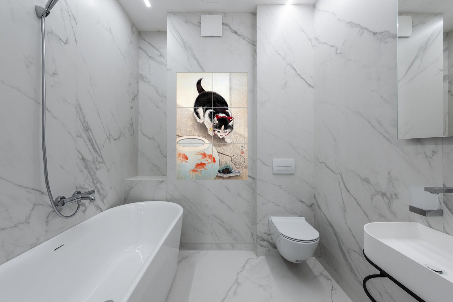 Ohara Koson Original Art Murals - Cat and Goldfish Bowl (1900-1945)