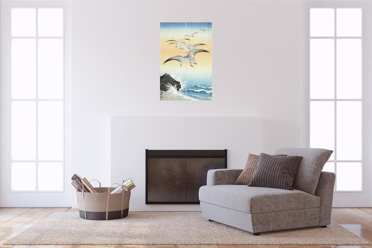 Ohara Koson Original Art Murals - Five Seagulls Above Turbulent Sea (1900-1930)