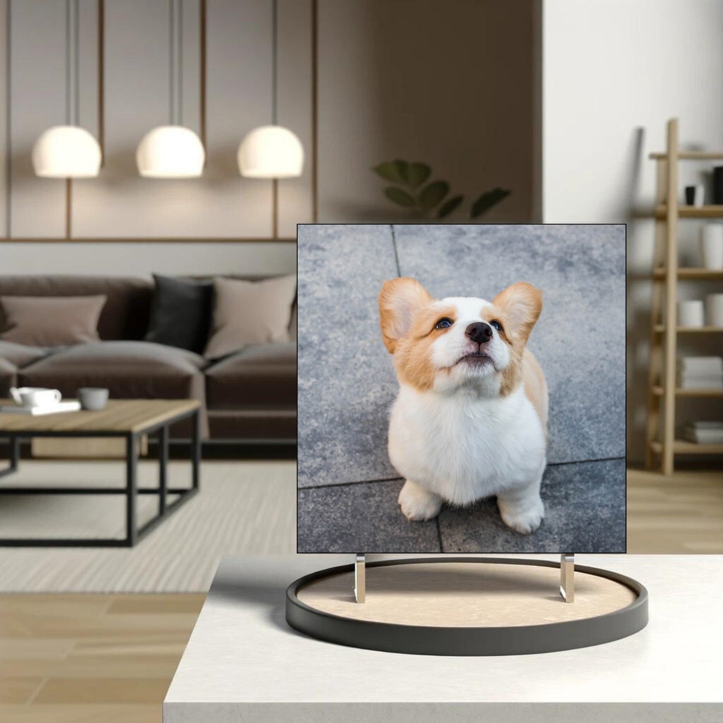 Custom ceramic tile with dog photo, on stand in living room, front-on view