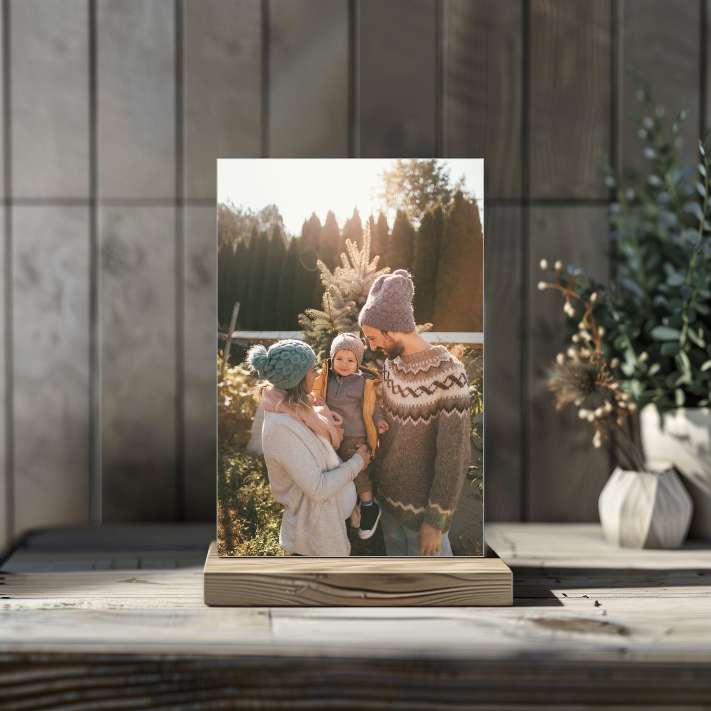 Custom ceramic tile with family photo on stand, front view, portrait