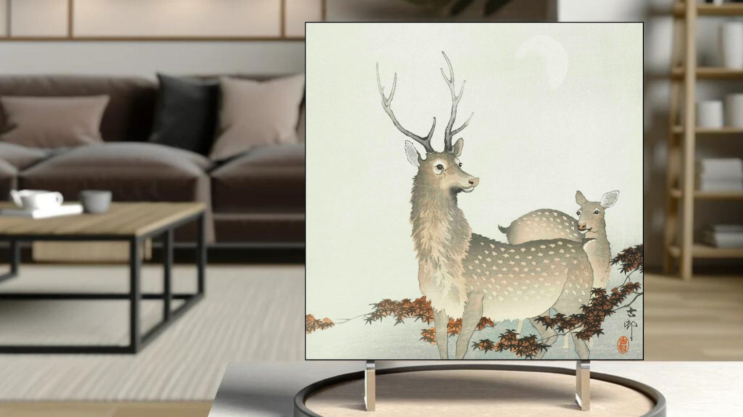 The 'Couple of Deers' Ukiyo-e art tile presented on a display stand as a piece of freestanding home decor.