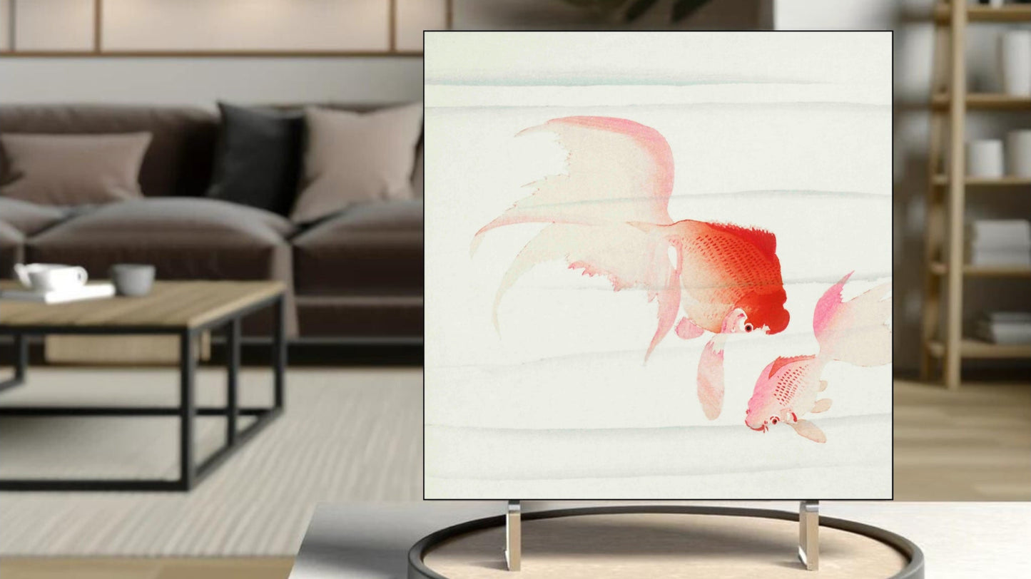 The 'Goldfish' Ukiyo-e art tile presented on a display stand as a piece of freestanding home decor.
