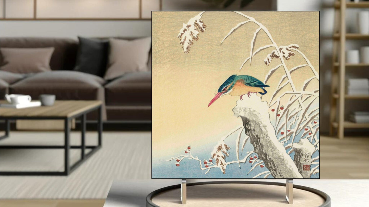 The 'Kingfisher in the Snow' Ukiyo-e art tile presented on a display stand as a piece of freestanding home decor.