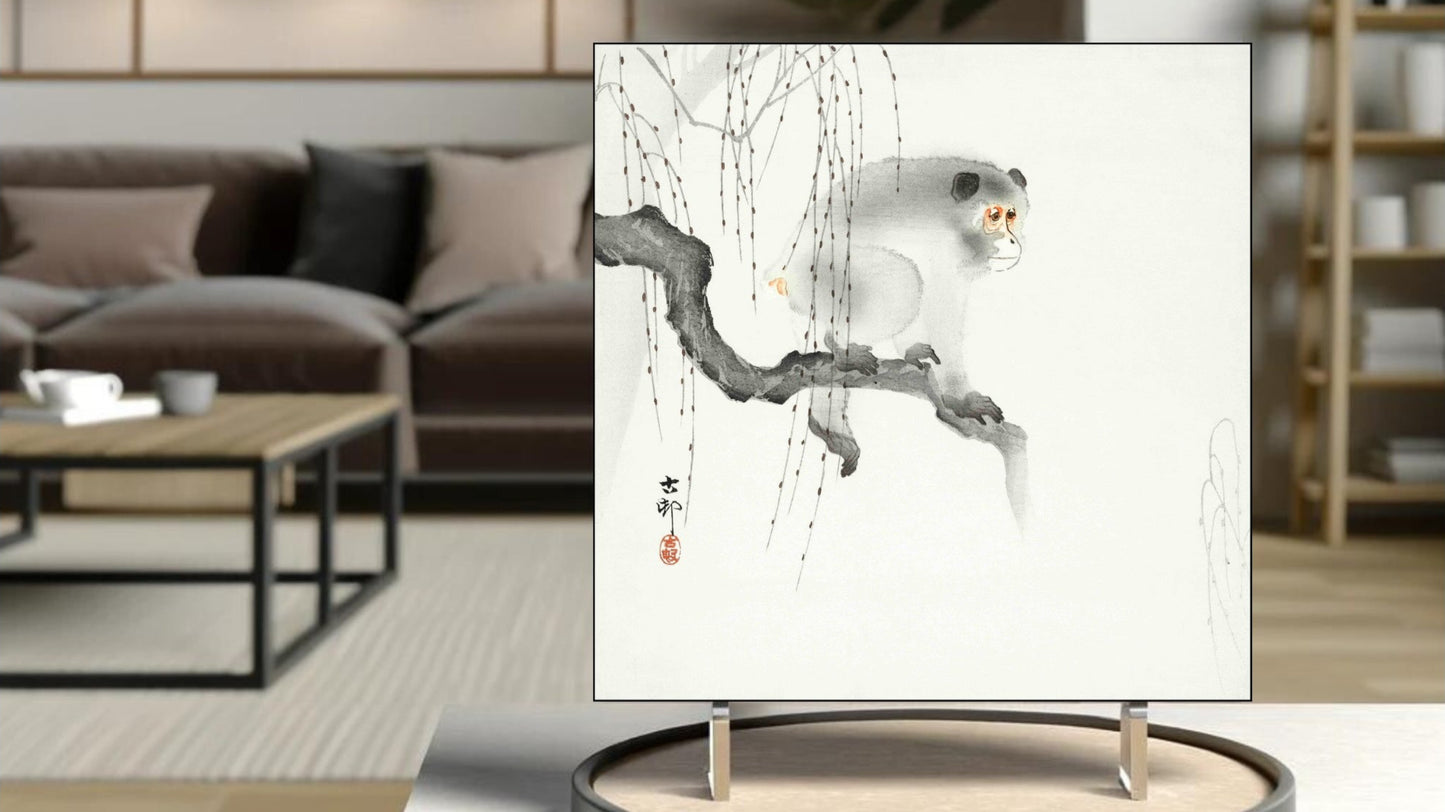 The 'Monkey on a Tree Branch' Ukiyo-e art tile presented on a display stand as a piece of freestanding home decor.