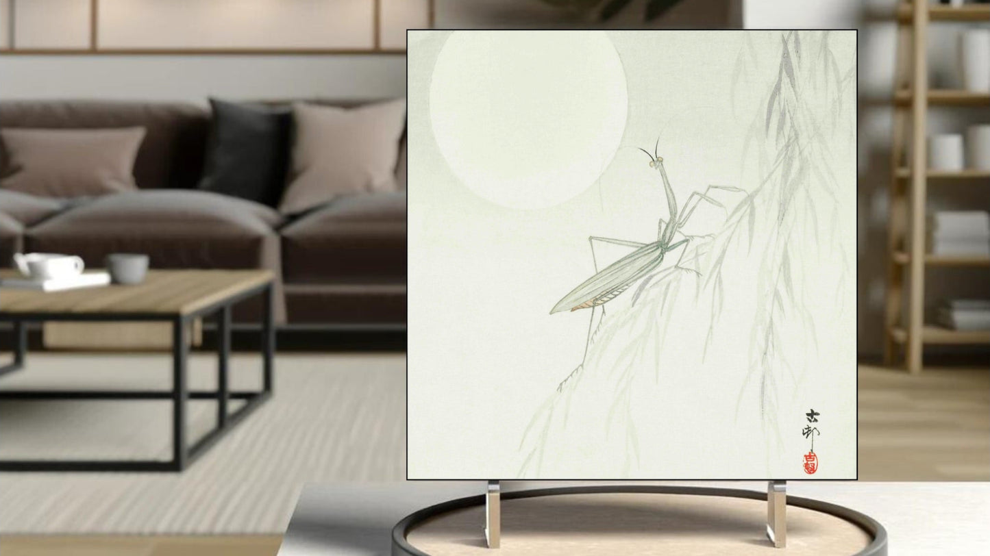 The 'Praying Mantis' Ukiyo-e art tile presented on a display stand as a piece of freestanding home decor.