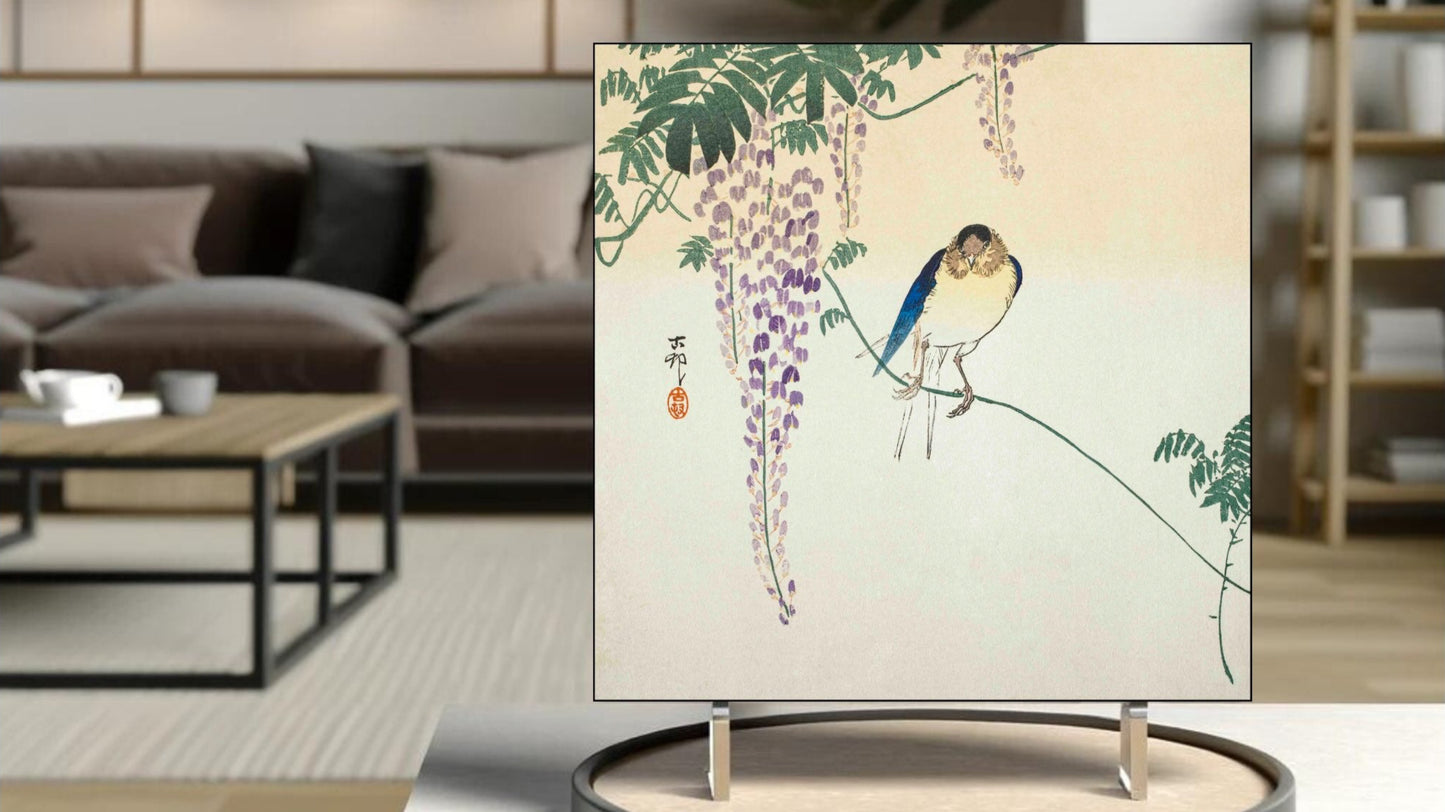 The 'Wisteria and Swallow' Ukiyo-e art tile presented on a display stand as a piece of freestanding home decor.