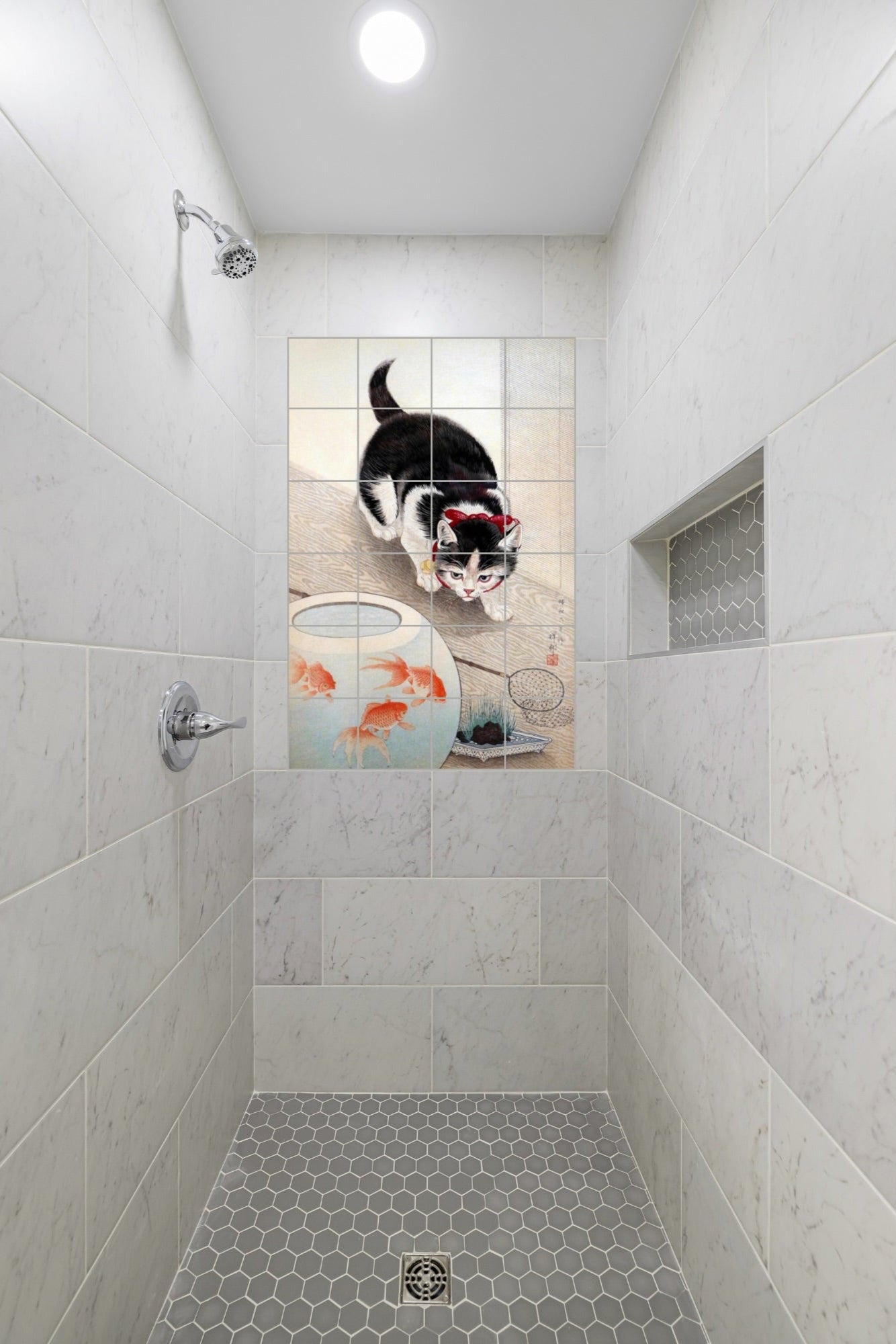 Ohara Koson Original Art Murals - Cat and Goldfish Bowl (1900-1945)