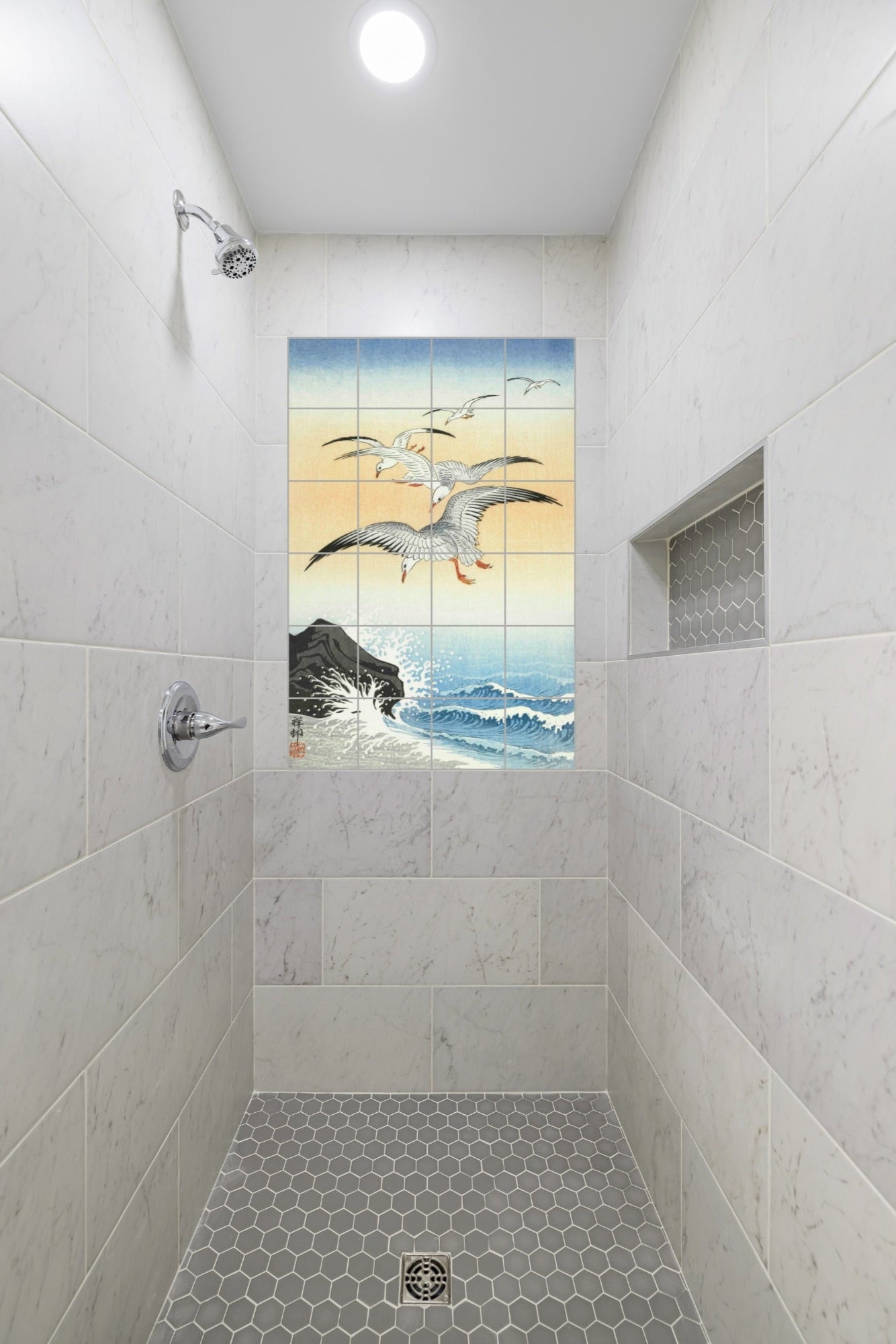 Ohara Koson Original Art Murals - Five Seagulls Above Turbulent Sea (1900-1930)