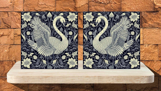 Mirrored Pair Display Tiles - Art Nouveau Swans