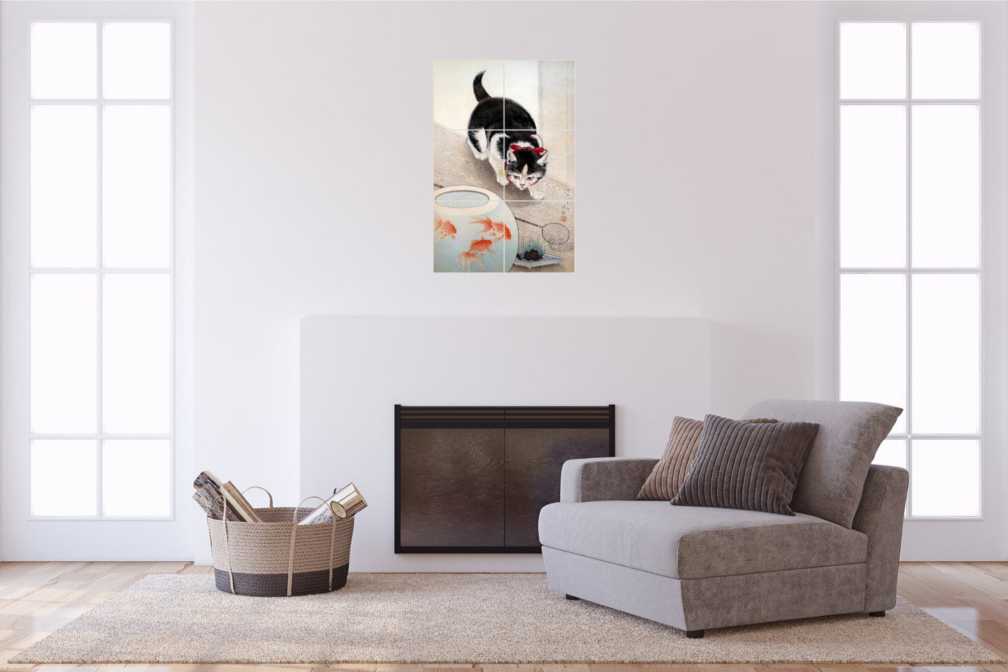 Ohara Koson Original Art Murals - Cat and Goldfish Bowl (1900-1945)