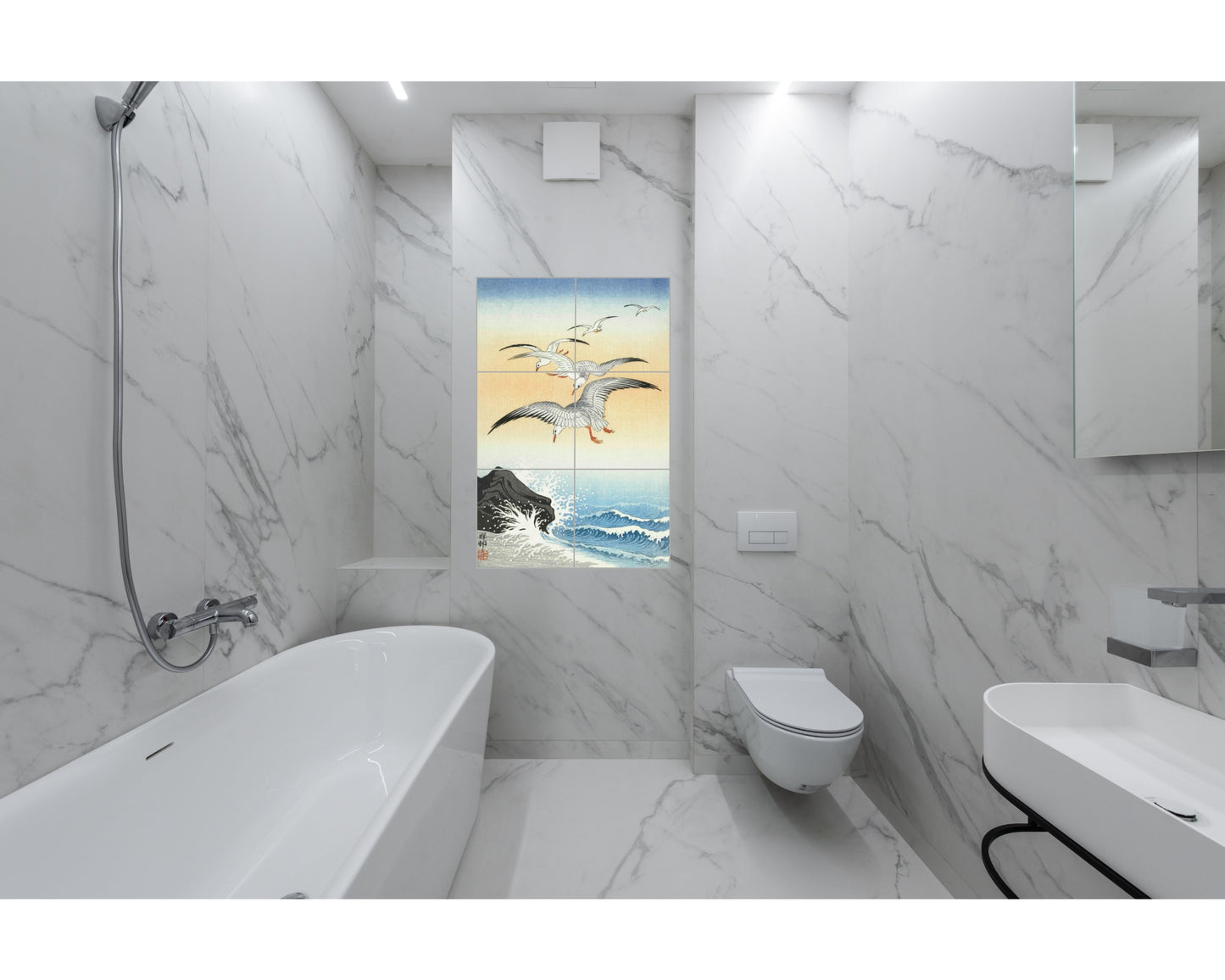 Ohara Koson Original Art Murals - Five Seagulls Above Turbulent Sea (1900-1930)