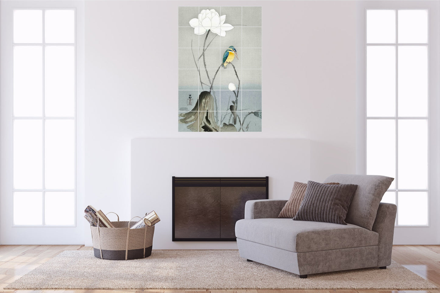Ohara Koson Original Art Murals - Kingfisher with Lotus Flower (1900-1945)