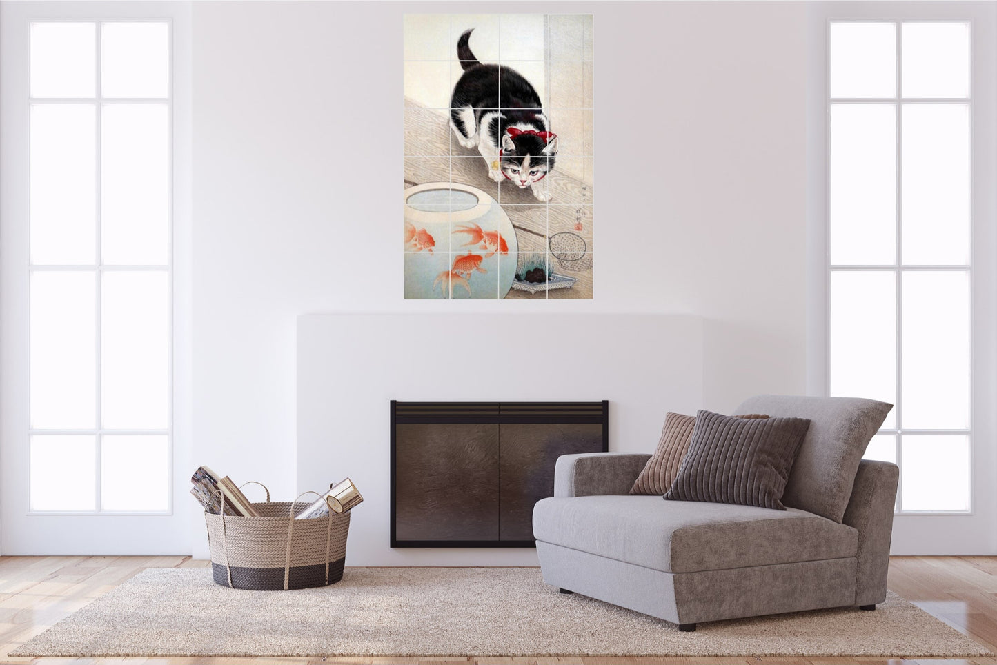 Ohara Koson Original Art Murals - Cat and Goldfish Bowl (1900-1945)