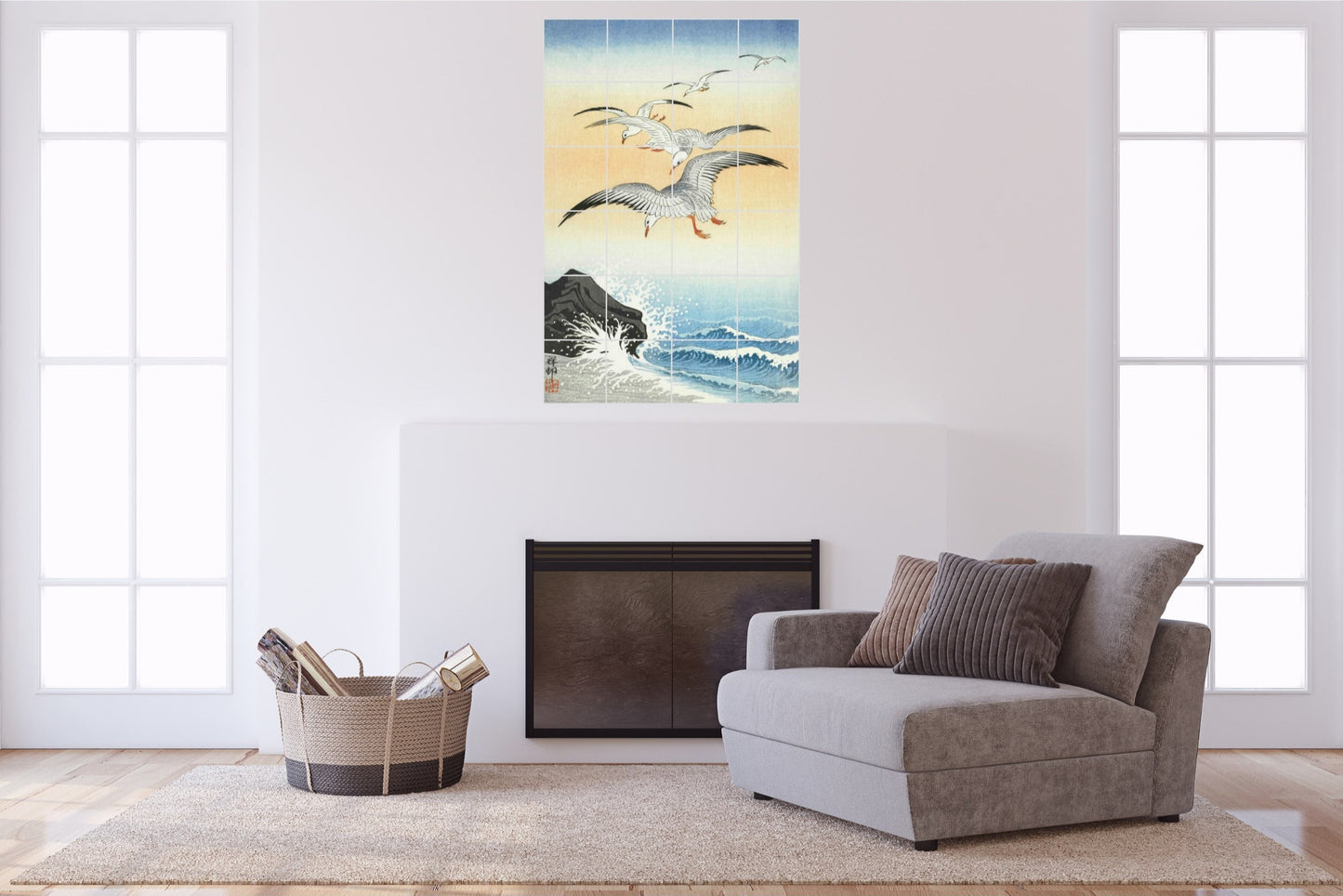 Ohara Koson Original Art Murals - Five Seagulls Above Turbulent Sea (1900-1930)