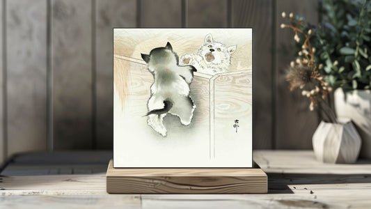 Ohara Koson Display Tiles - Two playing dogs (1900 - 1930)