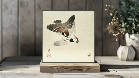 Ohara Koson Display Tiles - Ring sparrows and insect (1900 - 1936)