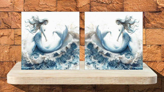 Mirrored Pair Display Tiles -  Mermaid and Rough Sea