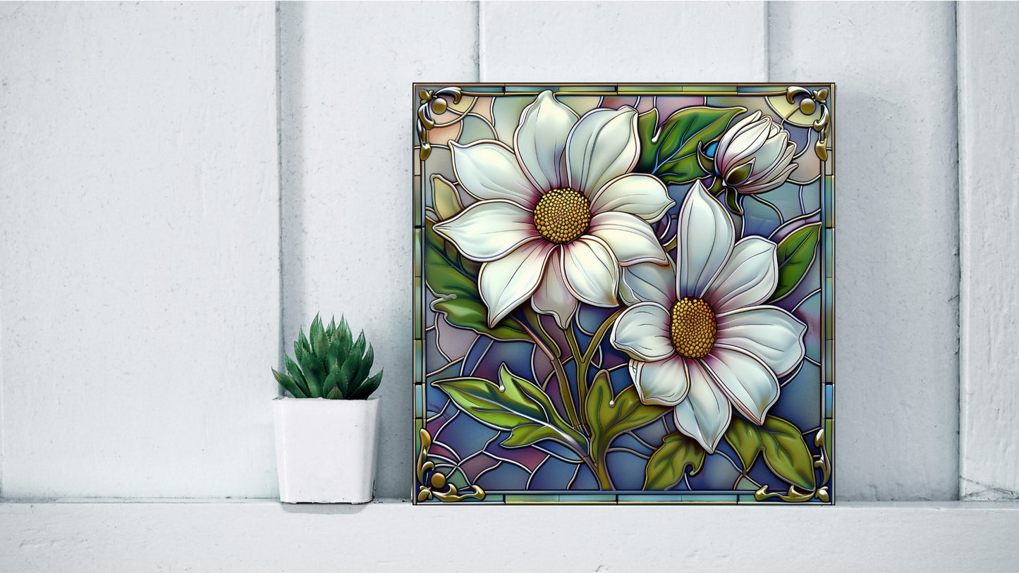 Close-up of a ceramic tile featuring a delicate white Australian Flannel Flower botanical print.
