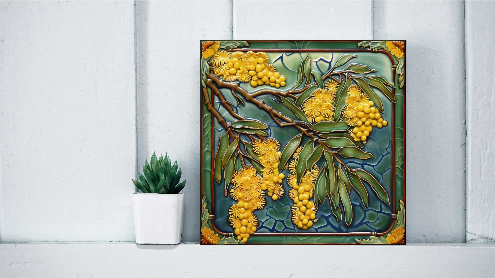 Bright yellow Golden Wattle (Acacia pycnantha) depicted on a unique Australian themed ceramic art tile.