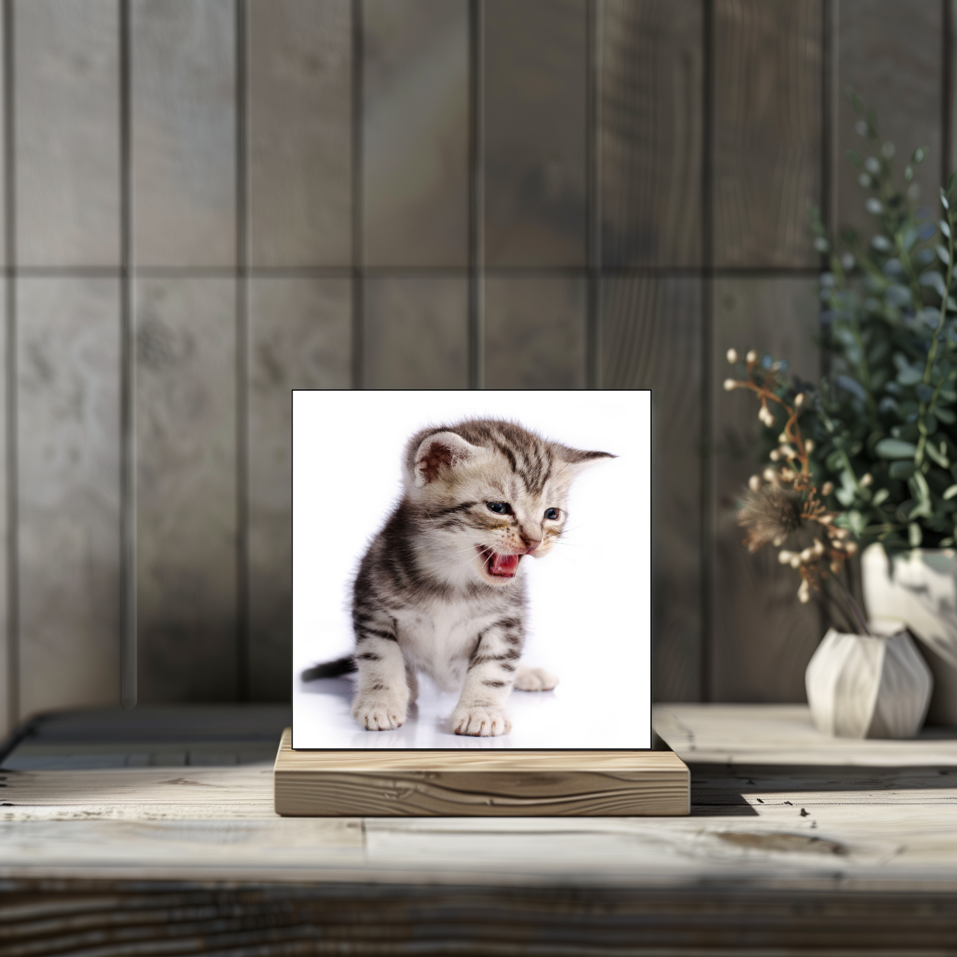 Custom ceramic tile with cat photo on stand, front on view