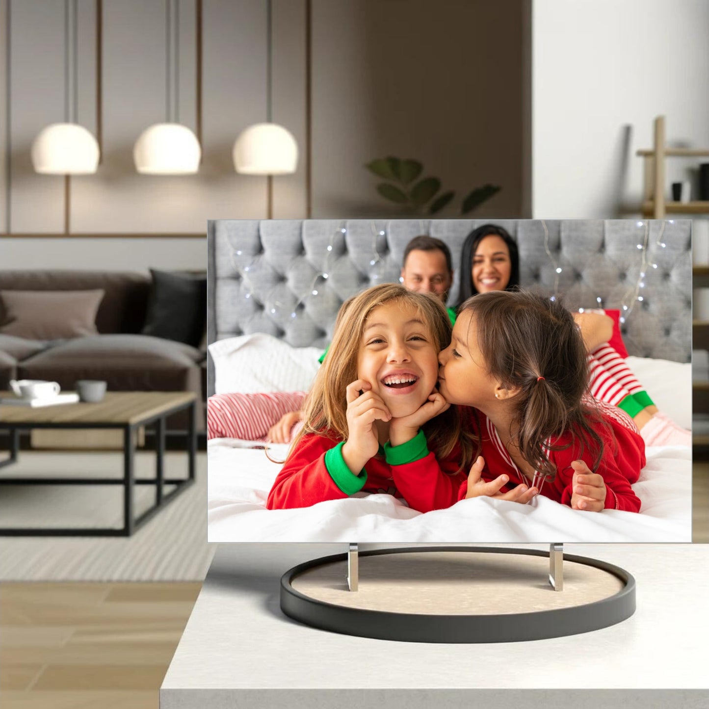Custom ceramic tile with family photo on a stand in living room, front view, landscape 
