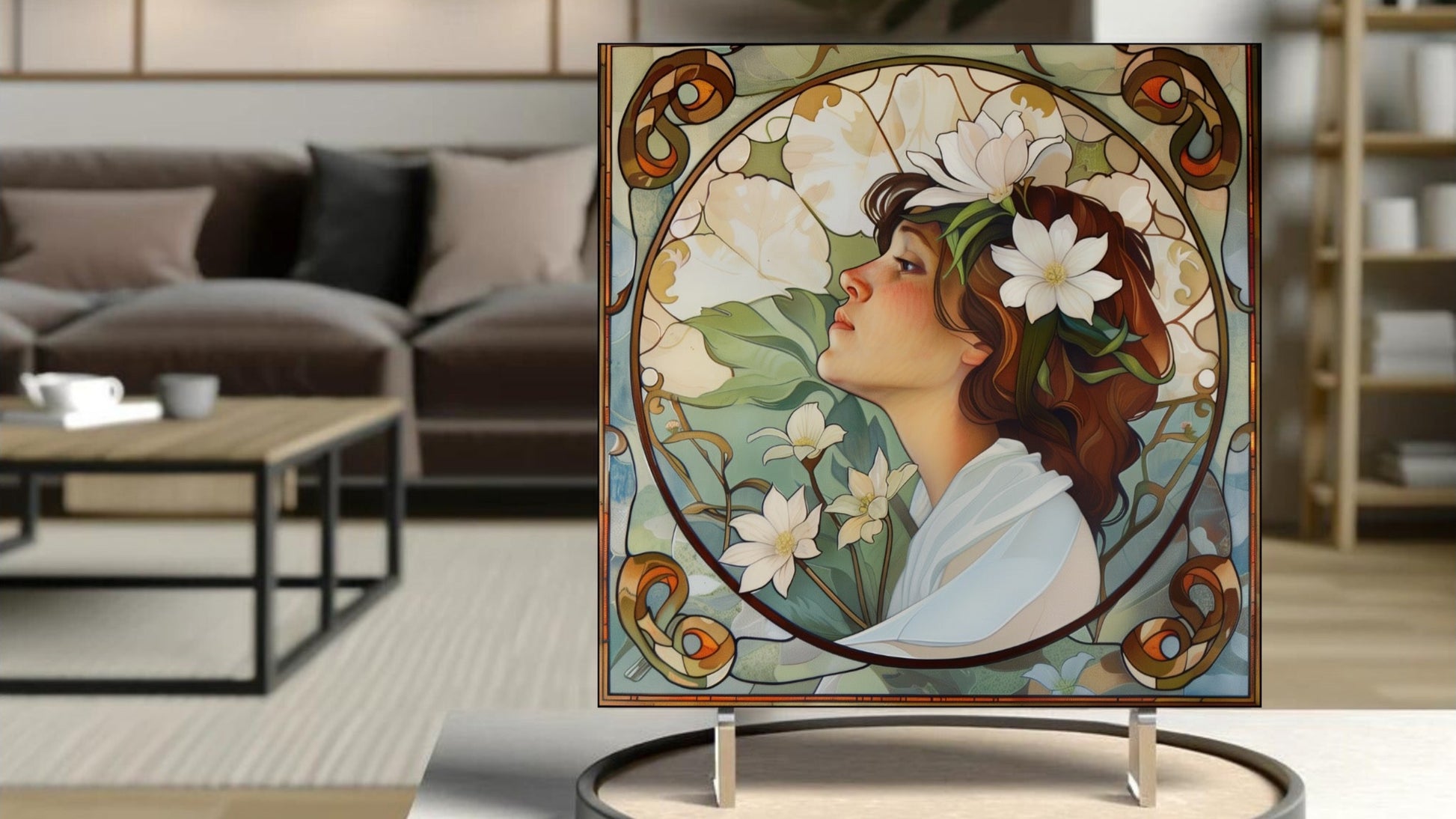 Decorative tile depicting an Art Nouveau lady gracefully intertwined with native Australian Flannel Flowers.