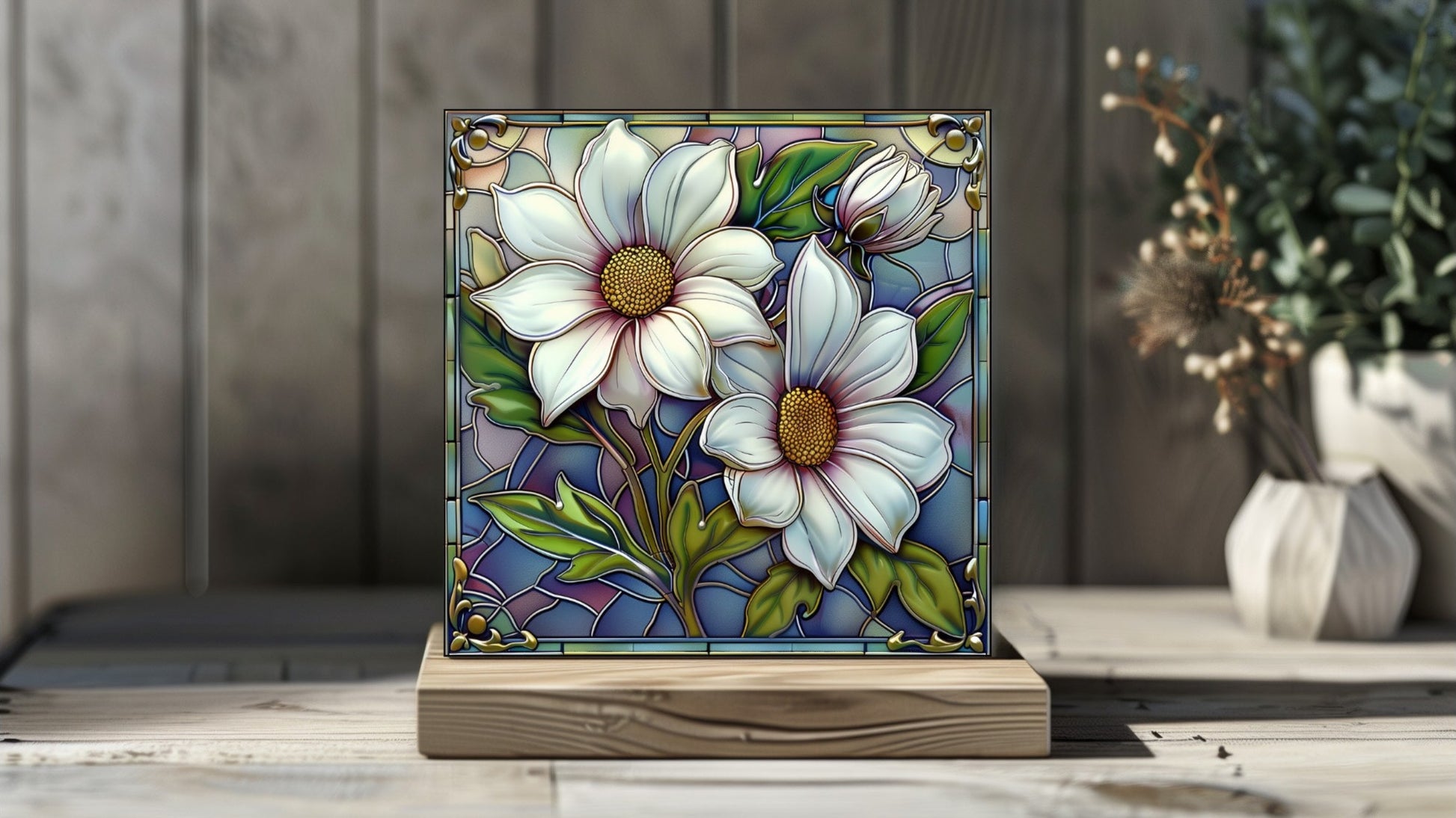White Flannel Flower design on a ceramic art tile, inspired by Australian native flora.