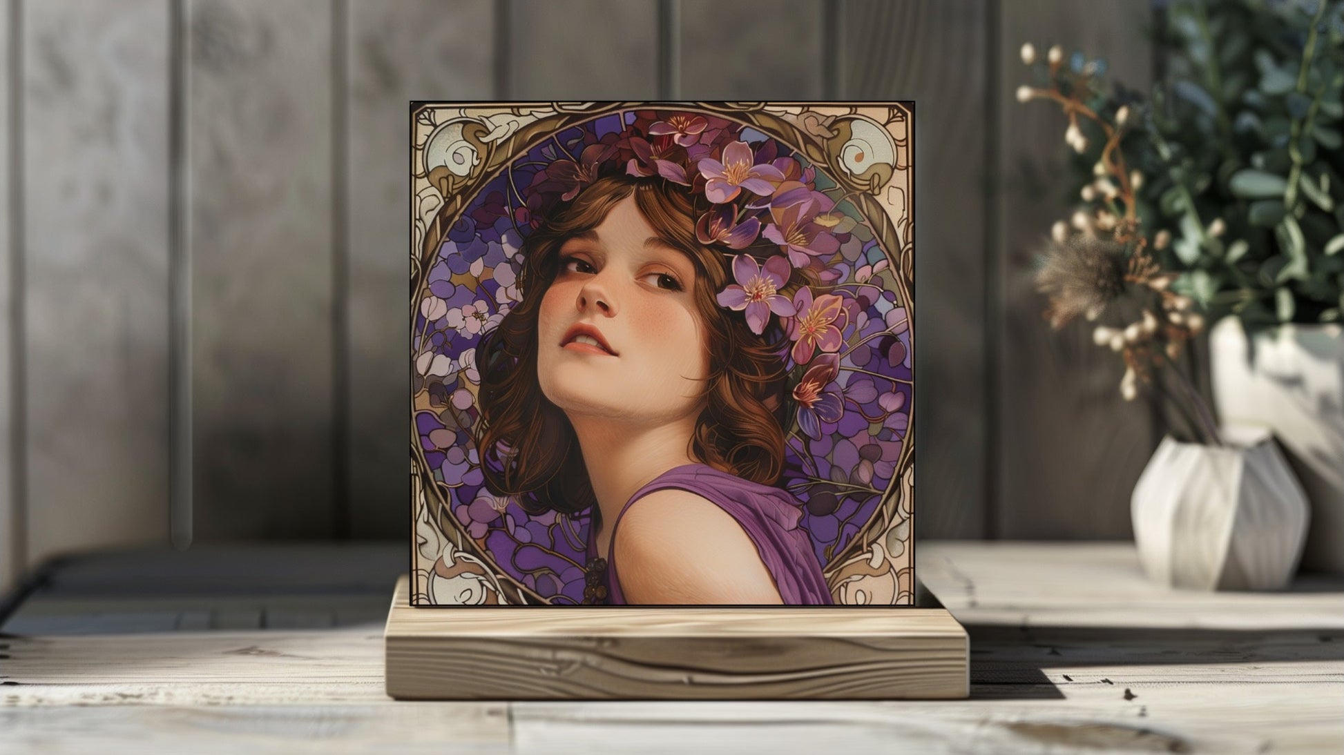Art tile featuring an Alphonse Mucha style woman with Purple Boronia flowers, Australian native flora theme.