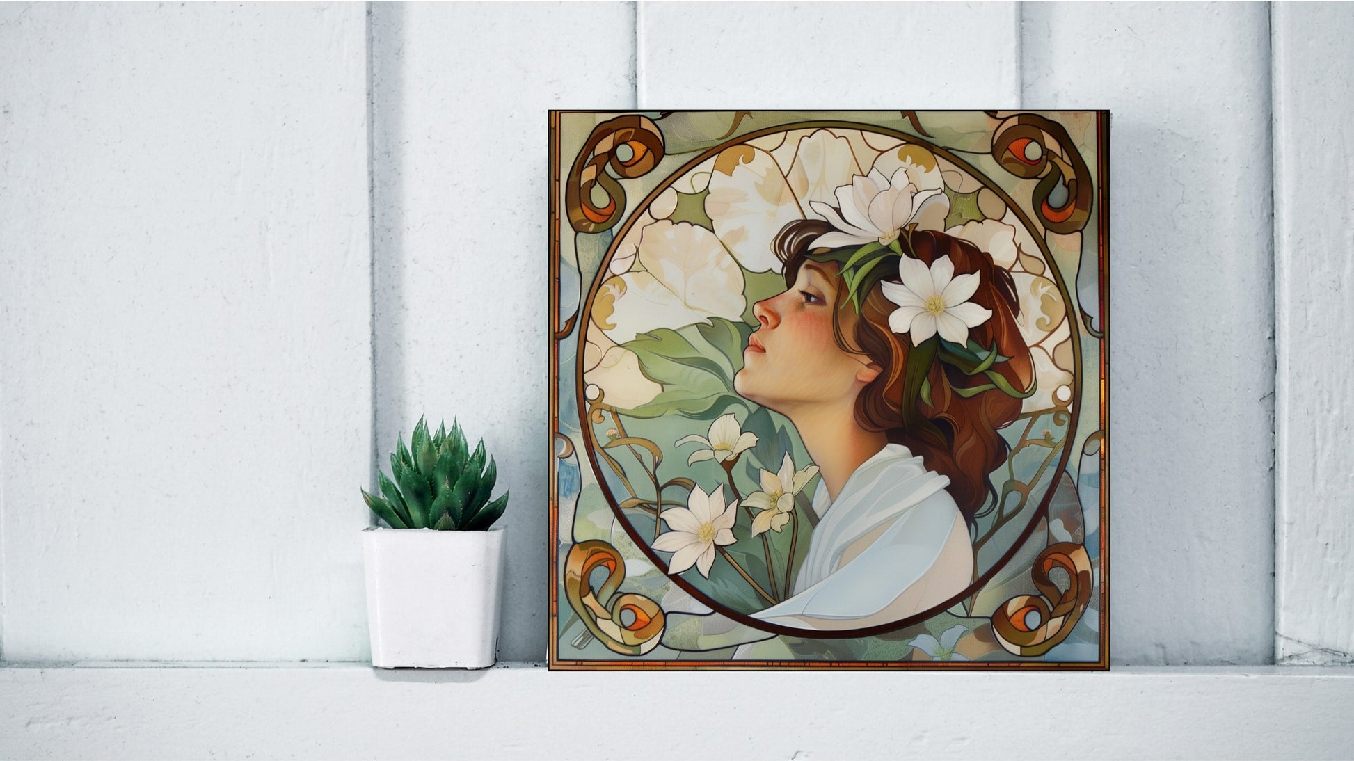 Ceramic tile blending Alphonse Mucha's Art Nouveau style with Australian Flannel Flowers and elegant female figure.