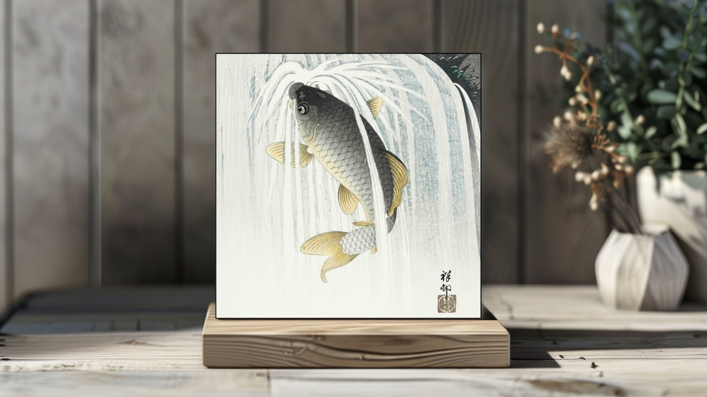 Ohara Koson's Ukiyo-e style 'Carp in Waterfall' Japanese art on a decorative ceramic tile (digital representation).