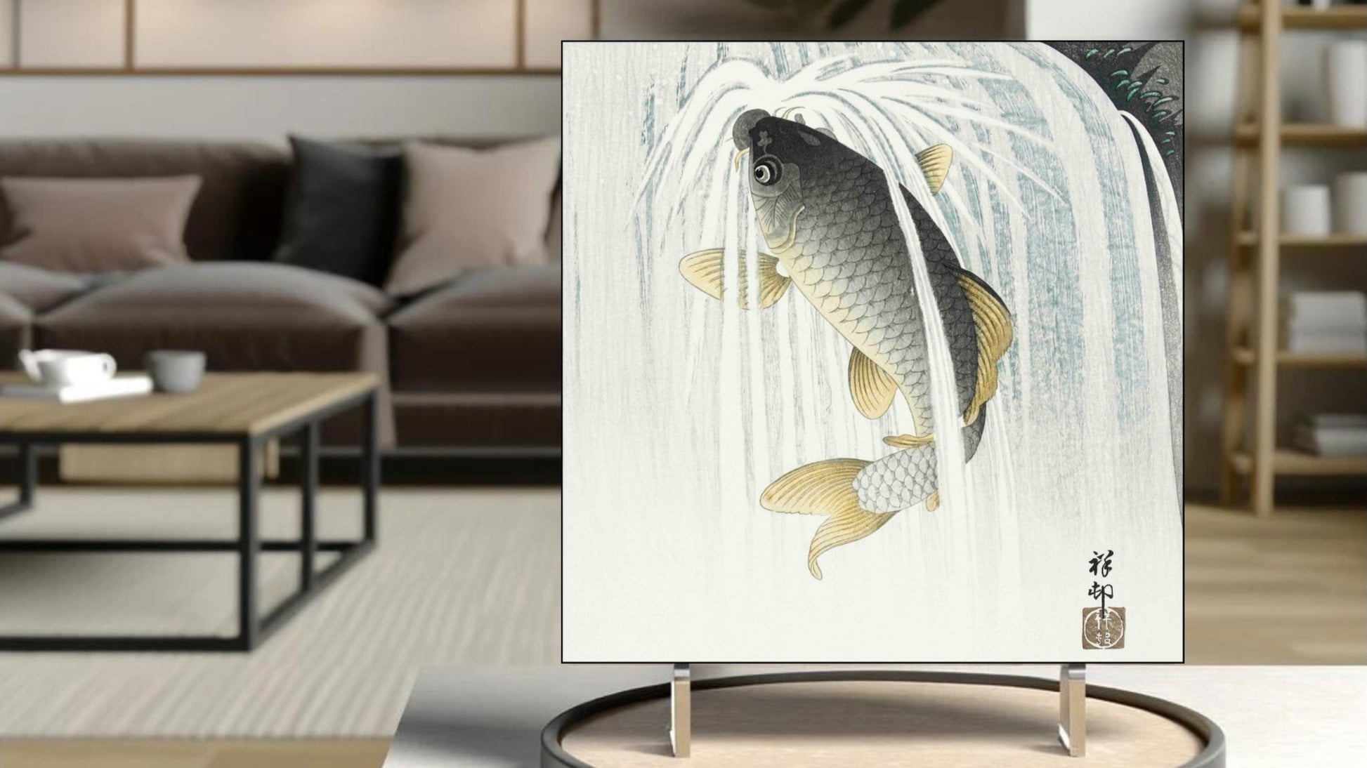 The 'Carp in Waterfall' Ukiyo-e art tile presented on a display stand as a piece of freestanding home decor.