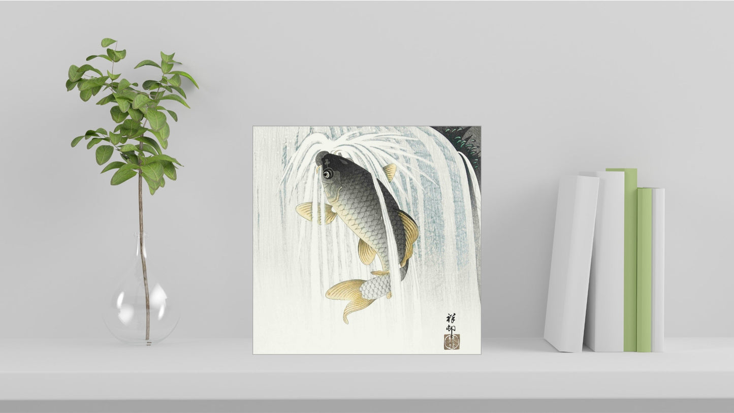 A visualisation of the Ohara Koson Japanese art tile, originally a woodblock print, featuring 'Carp in Waterfall' used as home decor.