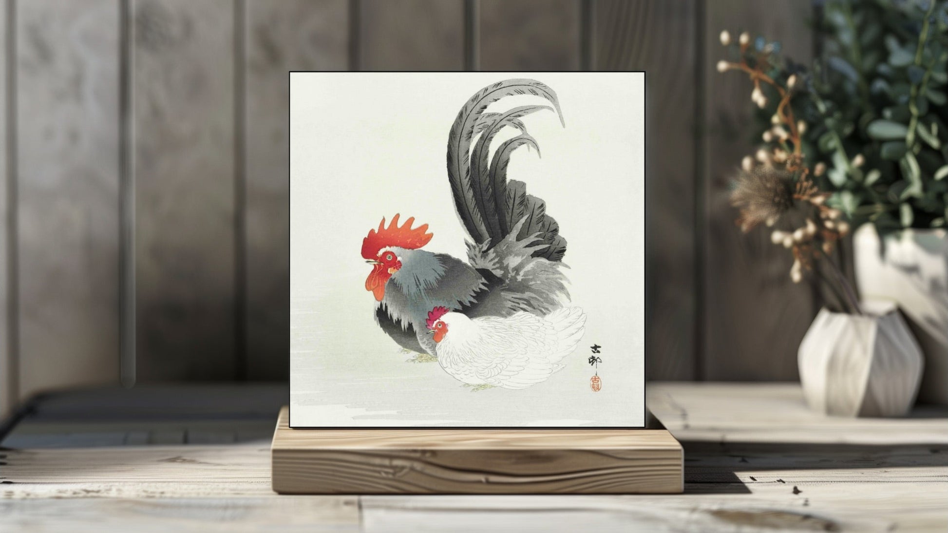 Ohara Koson's Ukiyo-e style 'Chicken and Cock' Japanese art on a decorative ceramic tile (digital representation).