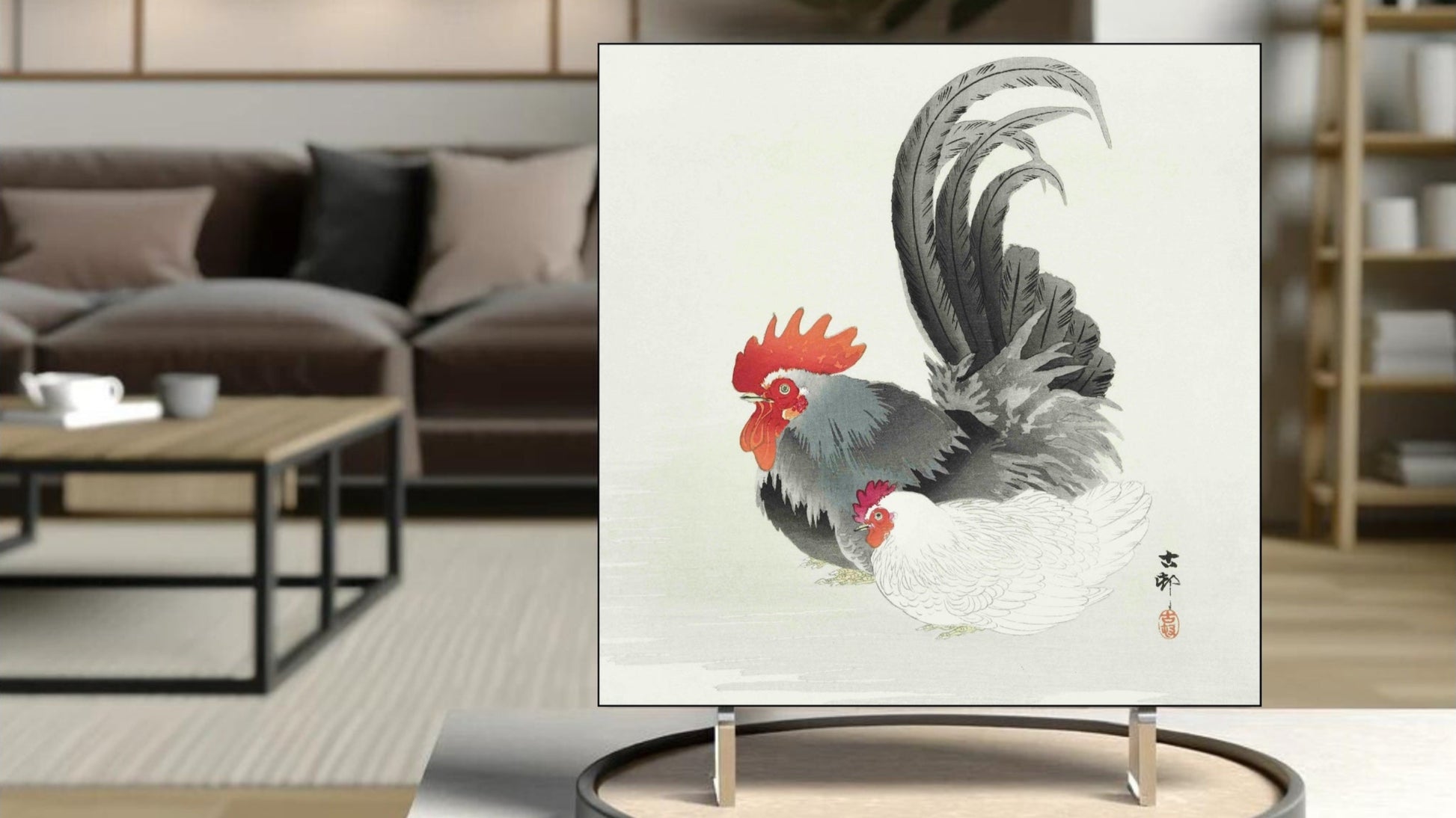 The 'Chicken and Cock' Ukiyo-e art tile presented on a display stand as a piece of freestanding home decor.