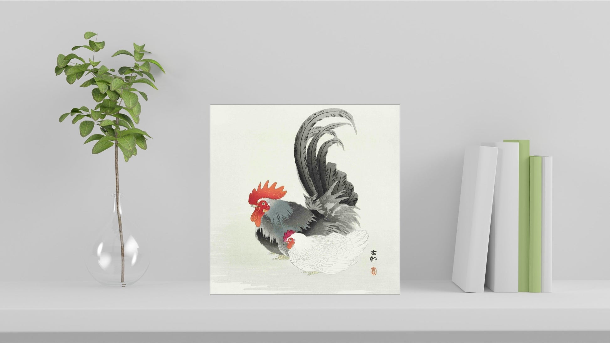 A visualisation of the Ohara Koson Japanese art tile, originally a woodblock print, featuring 'Chicken and Cock' used as home decor.