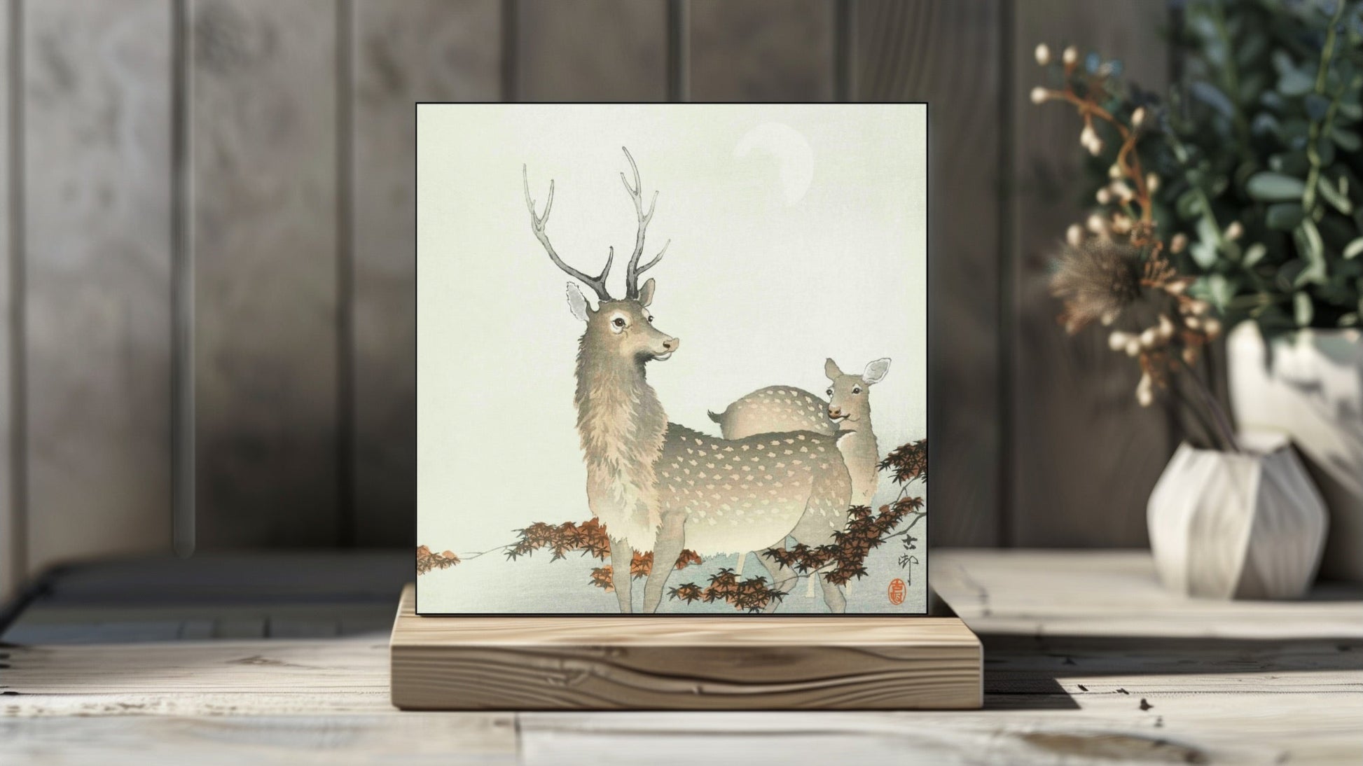 Ohara Koson's Ukiyo-e style 'Couple of Deers' Japanese art on a decorative ceramic tile (digital representation).