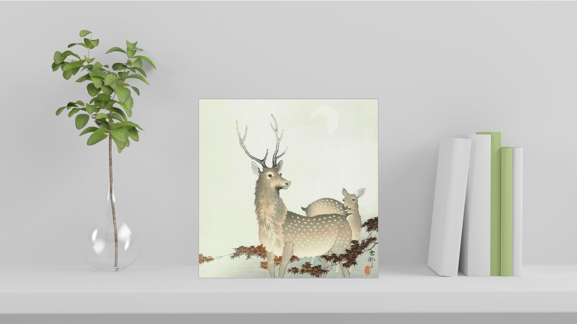 A visualisation of the Ohara Koson Japanese art tile, originally a woodblock print, featuring 'Couple of Deers' used as home decor.