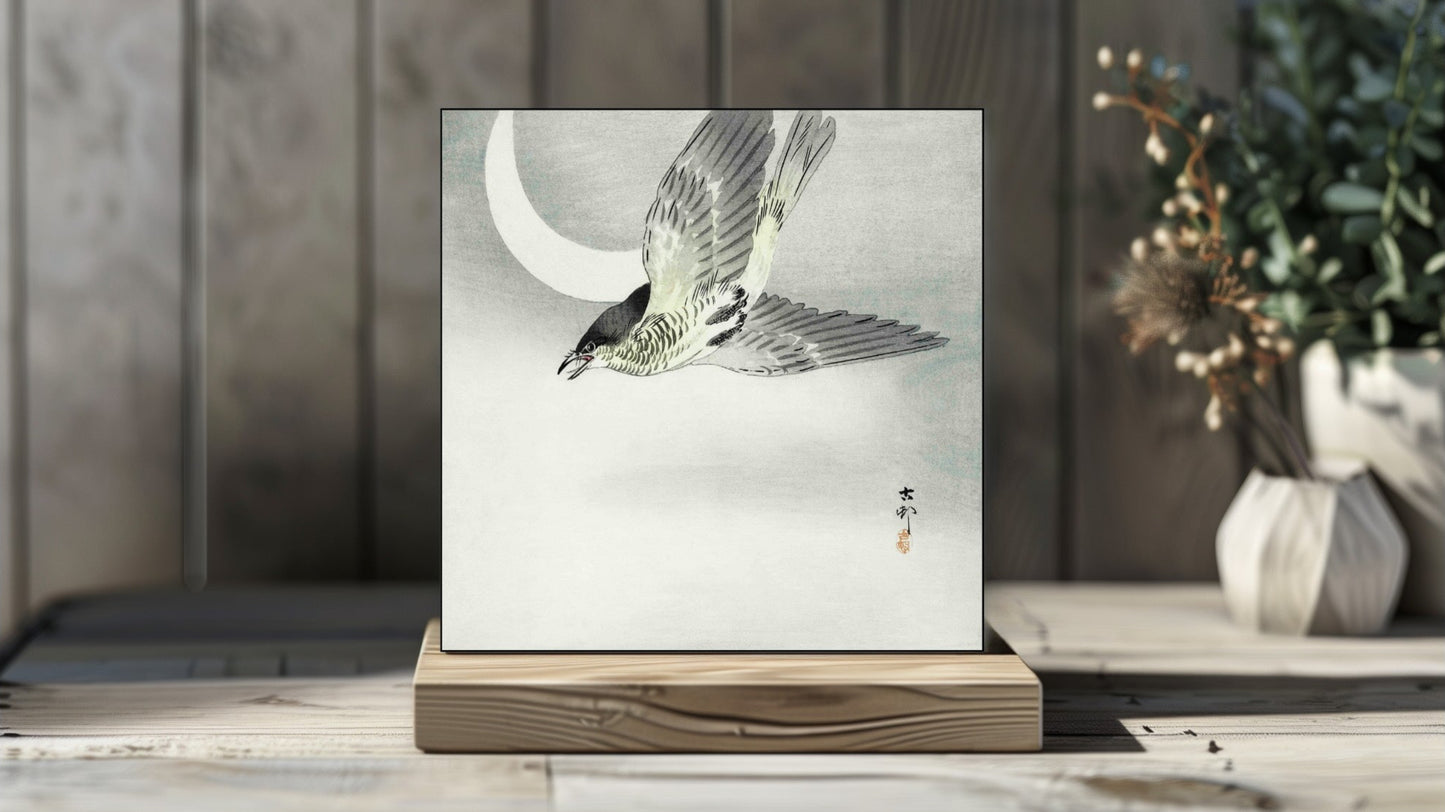 Ohara Koson's Ukiyo-e style 'Cuckoo at Crescent Moon' Japanese art on a decorative ceramic tile (digital representation).