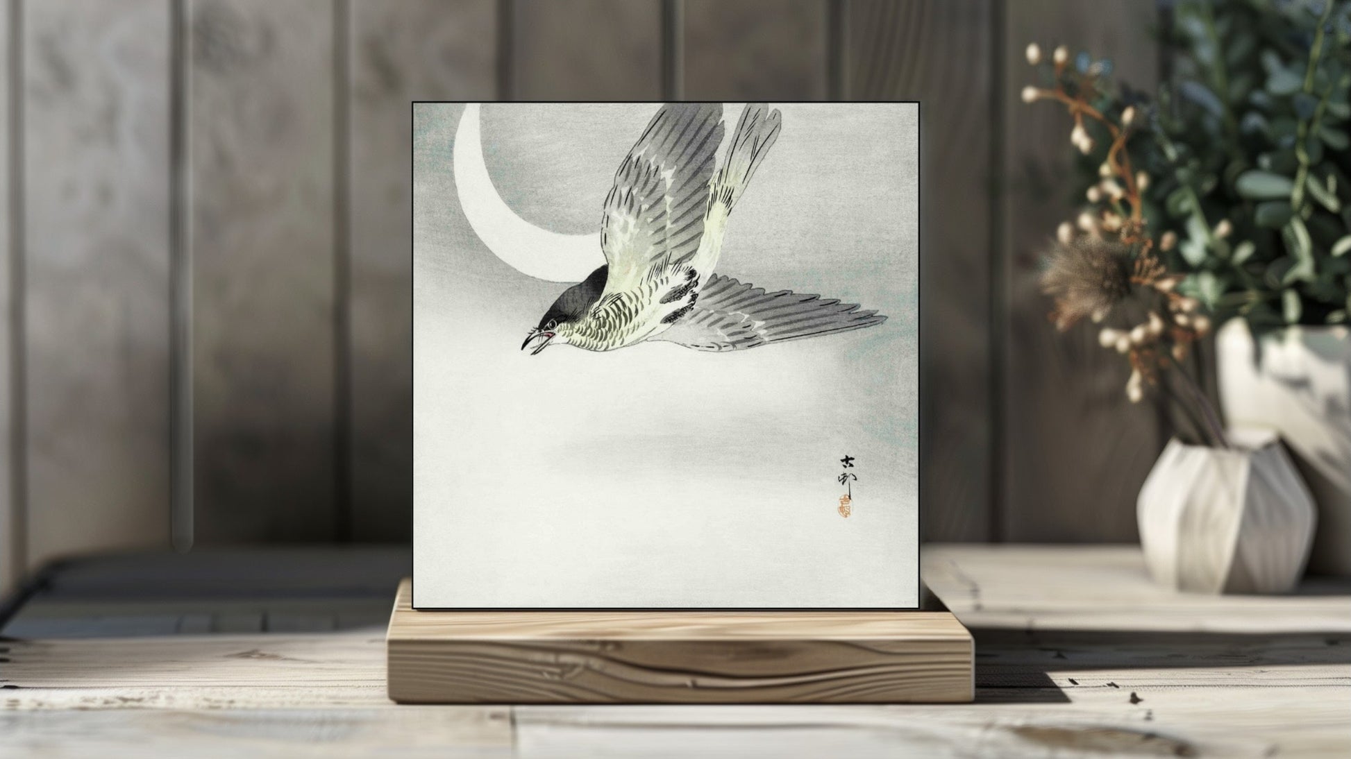 Ohara Koson's Ukiyo-e style 'Cuckoo at Crescent Moon' Japanese art on a decorative ceramic tile (digital representation).
