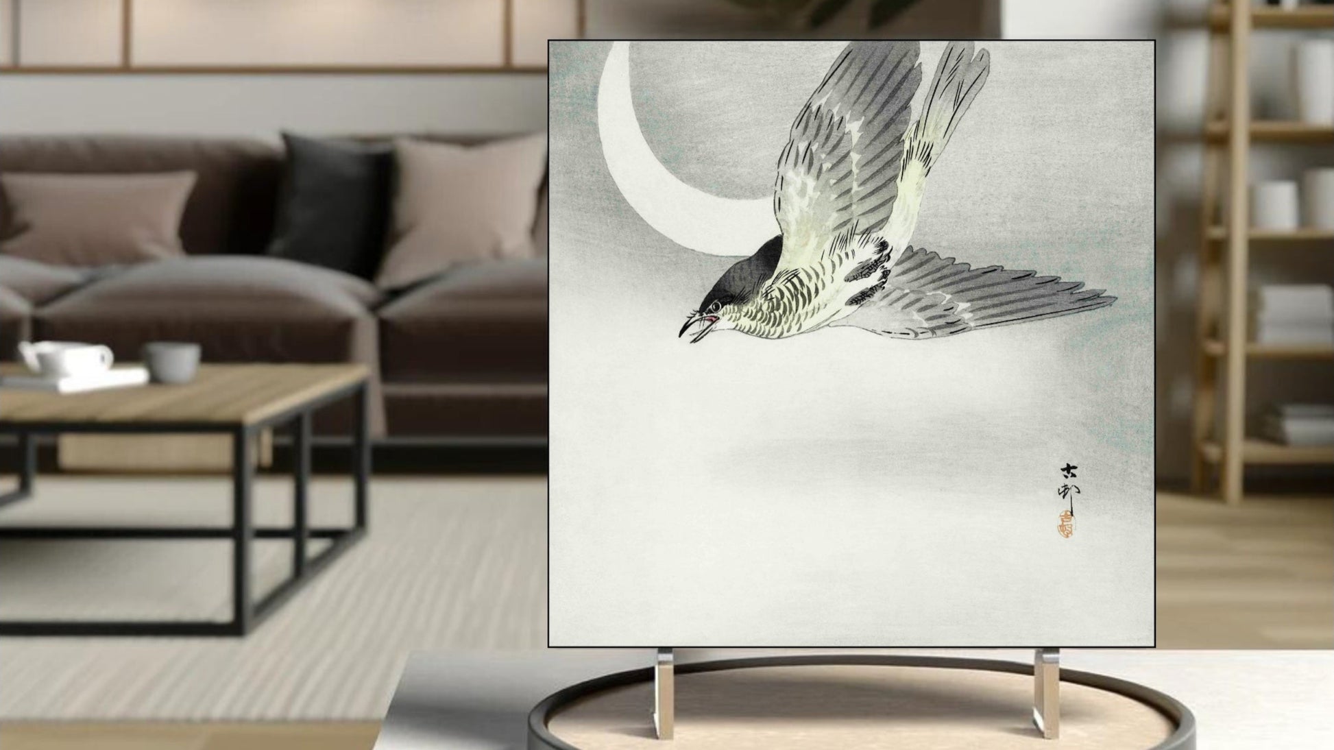 The 'Cuckoo at Crescent Moon' Ukiyo-e art tile presented on a display stand as a piece of freestanding home decor.