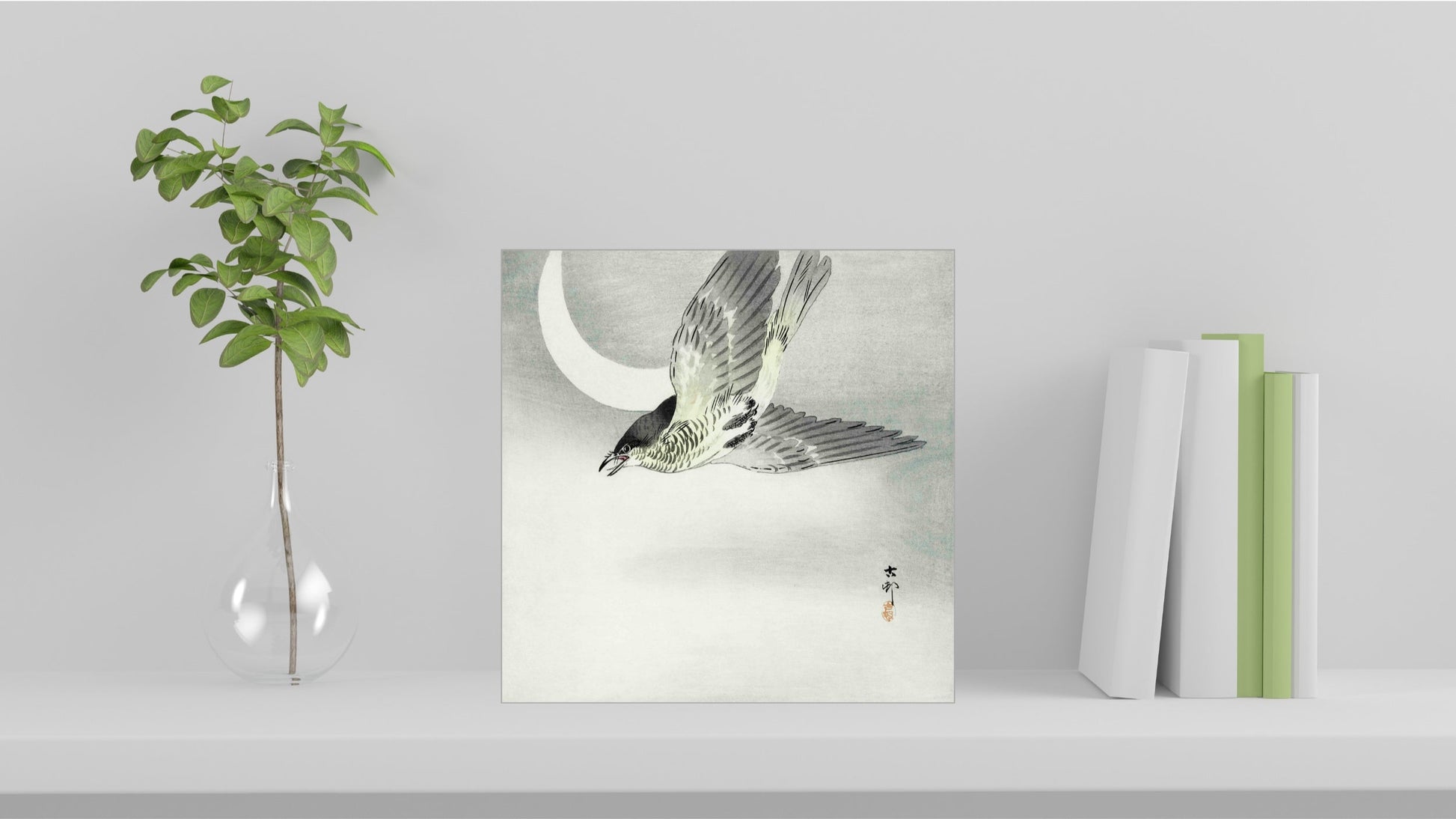 A visualisation of the Ohara Koson Japanese art tile, originally a woodblock print, featuring 'Cuckoo at Crescent Moon' used as home decor.