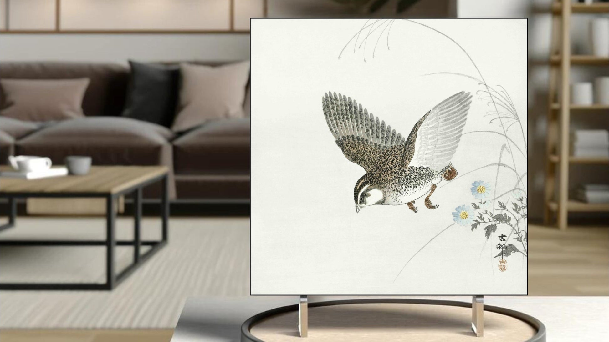 The 'Flying Quail' Ukiyo-e art tile presented on a display stand as a piece of freestanding home decor.