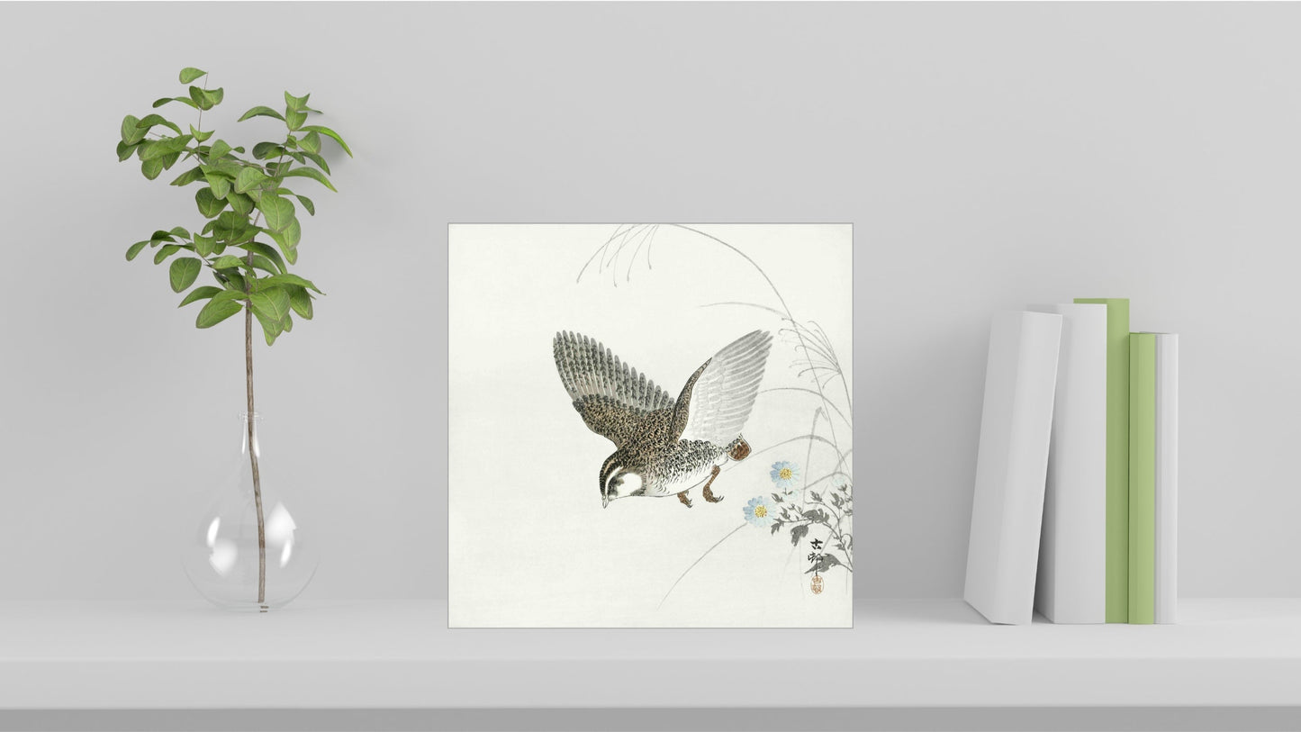 A visualisation of the Ohara Koson Japanese art tile, originally a woodblock print, featuring 'Flying Quail' used as home decor.
