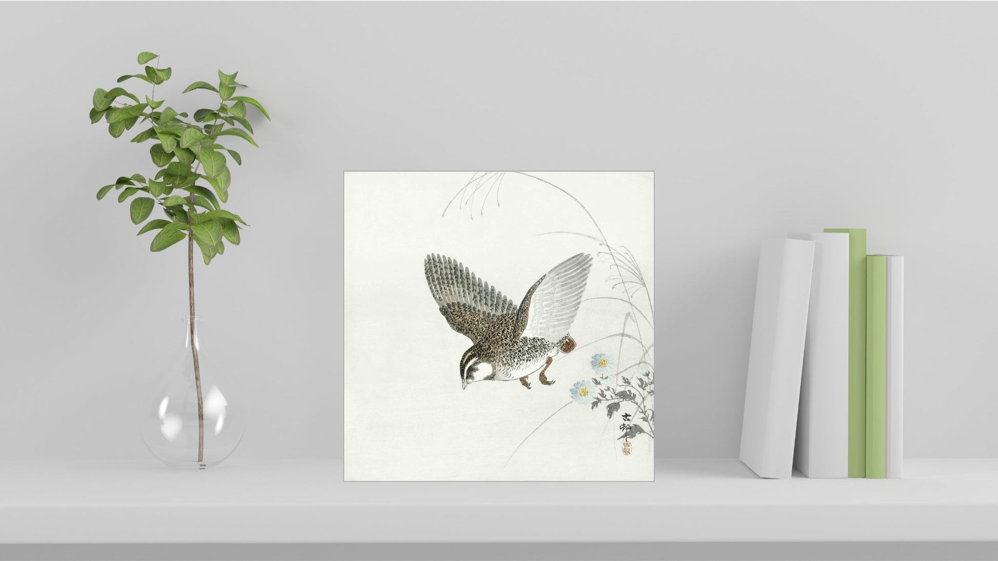 A visualisation of the Ohara Koson Japanese art tile, originally a woodblock print, featuring 'Flying Quail' used as home decor.