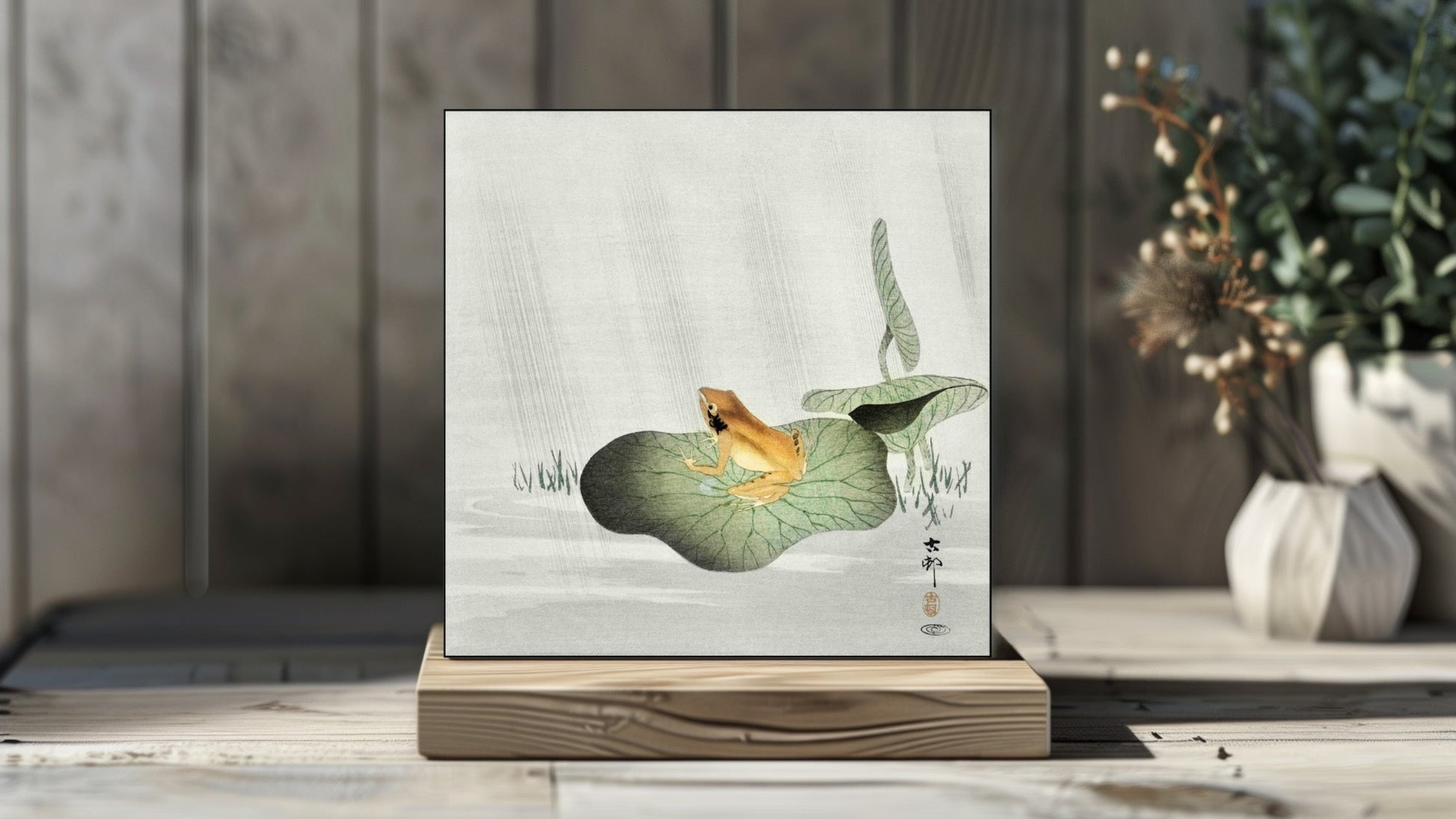 Ohara Koson's Ukiyo-e style 'Frog on Lotus Leaf' Japanese art on a decorative ceramic tile (digital representation).