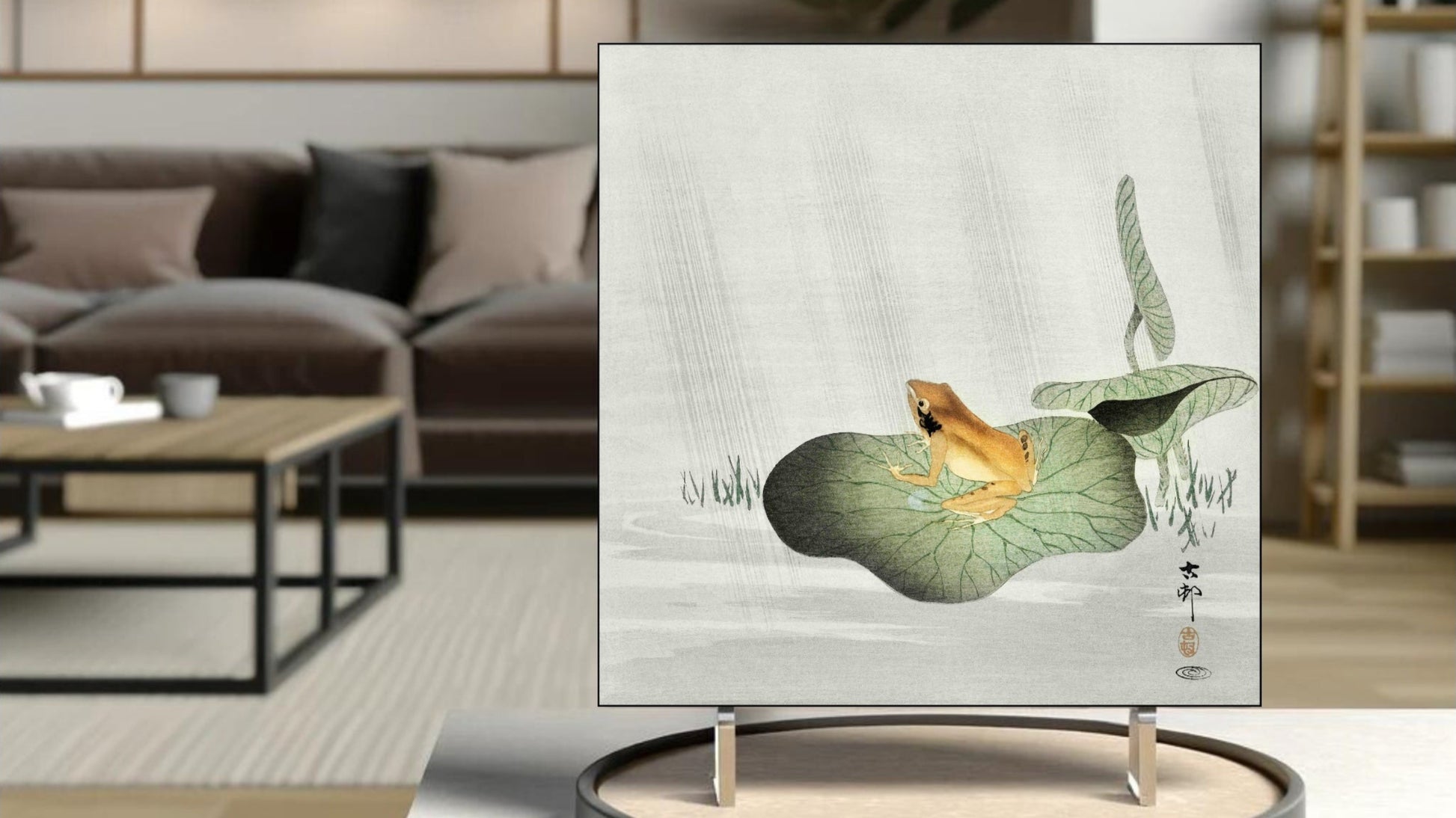 The 'Frog on Lotus Leaf' Ukiyo-e art tile presented on a display stand as a piece of freestanding home decor.