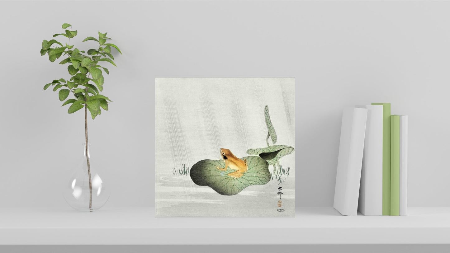 A visualisation of the Ohara Koson Japanese art tile, originally a woodblock print, featuring 'Frog on Lotus Leaf' used as home decor.