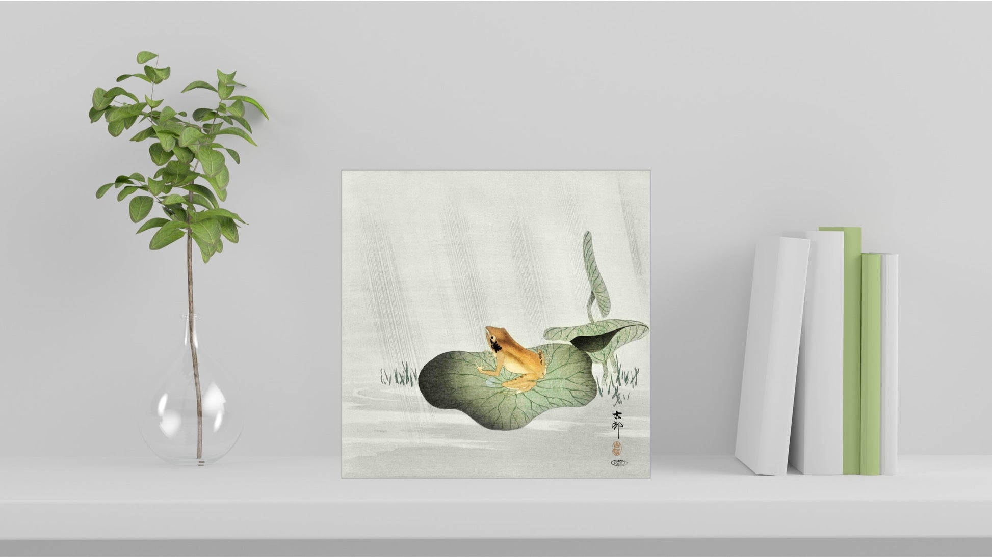 A visualisation of the Ohara Koson Japanese art tile, originally a woodblock print, featuring 'Frog on Lotus Leaf' used as home decor.