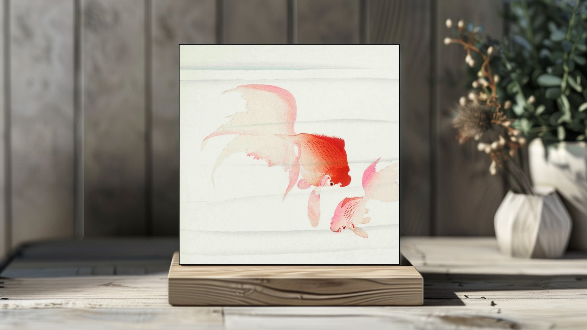 Ohara Koson's Ukiyo-e style 'Goldfish' Japanese art on a decorative ceramic tile (digital representation).